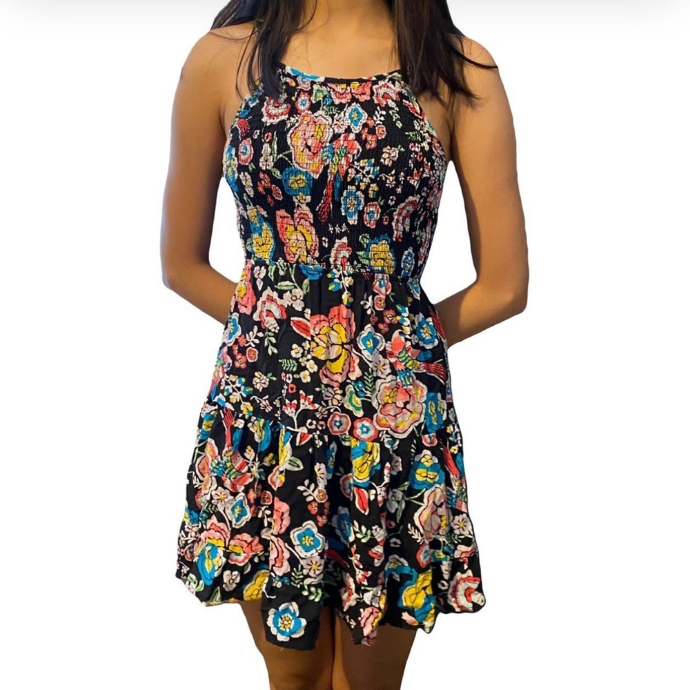 Forever 21 Floral Mini Dress Black with BOLD FLOWERS Yellow White Pink Turquoise